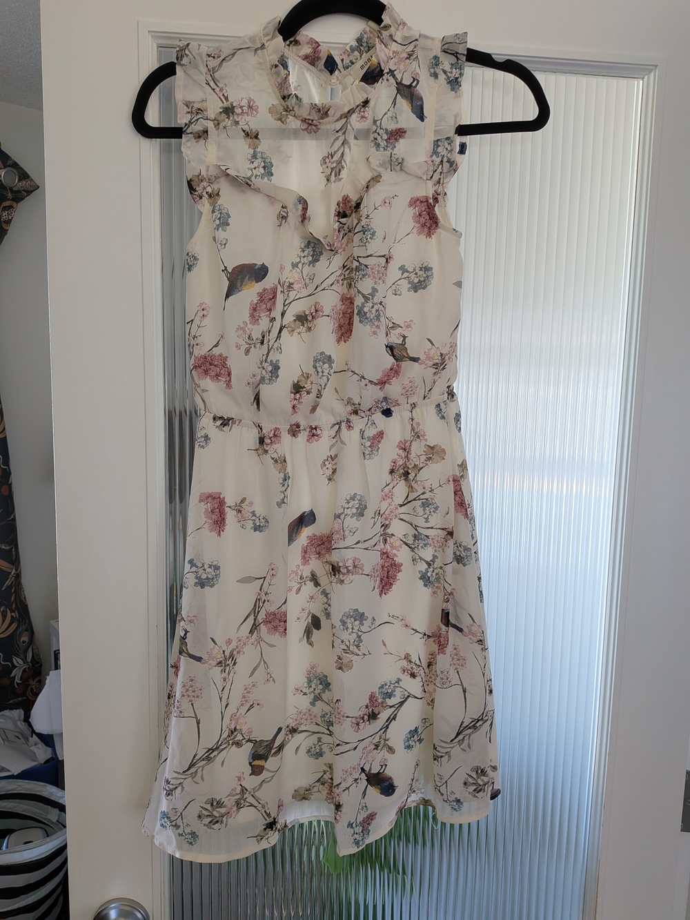 Floral Ruffle Neck Sleeveless Dress - Cream